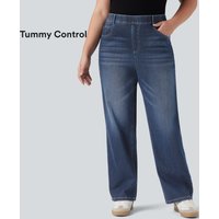 Halara Plus Size Halara Flex™ High Waisted Tummy Control Straight Leg Washed Casual Jeans with Pockets - Distressed Denim Dark Blue - 3X(regular)
