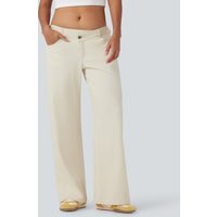 Halara Halara Flex™ Asymmetric Low Rise Zipper Pockets Baggy Wide Leg Washed Casual Jeans - Light Khaki Denim - XL(tall)