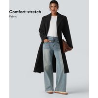 Halara Long Sleeve Belted Longline Fleece Casual Coat with Pockets - Black - XL