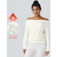 Halara Off-shoulder Long Sleeve Fleece Yoga Sports Top - Star White - XL