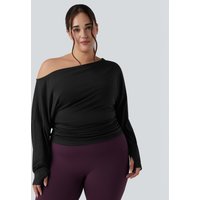Halara Plus Size One Shoulder Long Sleeve Thumb Hole Ruched Yoga Sports Top - Black - 3X