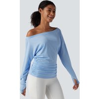 Halara One Shoulder Long Sleeve Thumb Hole Ruched Yoga Sports Top - Ballad Blue - XL