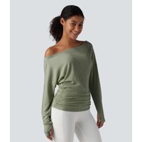Halara One Shoulder Long Sleeve Thumb Hole Ruched Yoga Sports Top - Iceberg Green - XL