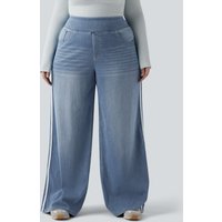 Halara Plus Size Halara Flex™ High Waisted Stripe Wide Leg Flowy Washed Casual Jeans with Pockets - Blue Jasper Denim - 3X(regular)