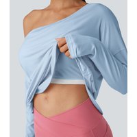 Halara One Shoulder Long Sleeve Thumb Hole Curved Hem High Low Quick Dry Yoga Sports Top-Built-in Bra - Angel Falls - XL