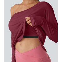 Halara One Shoulder Long Sleeve Thumb Hole Curved Hem High Low Quick Dry Yoga Sports Top-Built-in Bra - Tibetan Red - XL