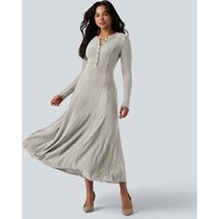 Halara Ribbed Knit Henley Neck Long Sleeve Flowy Maxi Fleece Casual Dress - Warm Grey Floral Velvet - XL