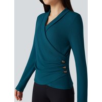 Halara Ribbed Knit V-neck Crossover Long Sleeve Work Top - Ink Blue - XL
