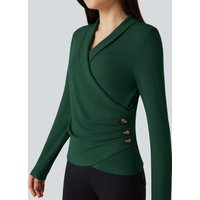 Halara Ribbed Knit V-neck Crossover Long Sleeve Work Top - Emerald Green - XL