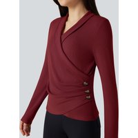 Halara Ribbed Knit V-neck Crossover Long Sleeve Work Top - Merlot - XL