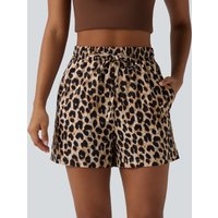 Halara High Waisted Drawstring Leopard Print Casual Shorts with Pockets - Gold Leopard Print - XL(regular)