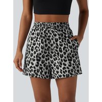Halara High Waisted Drawstring Leopard Print Casual Shorts with Pockets - Silver Leopard Print - XL(regular)