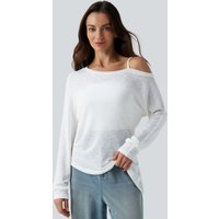 Halara Semi Sheer One Shoulder Long Sleeve Asymmetric Hem Casual T-Shirt - White - XL