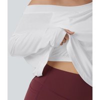Halara One Shoulder Long Sleeve Thumb Hole Curved Hem High Low Quick Dry Yoga Plus Size Sports Top-Built-in Bra - White - 3X