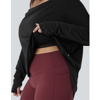 Halara One Shoulder Long Sleeve Thumb Hole Curved Hem High Low Quick Dry Yoga Plus Size Sports Top-Built-in Bra - Black - 3X