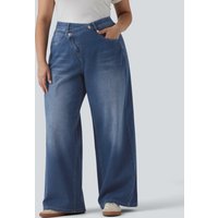 Halara Halara Flex™ Asymmetric High Waisted Washed Casual Baggy Plus Size Jeans with Pockets - Tide Blue Denim - 3X(regular)