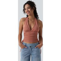Halara Deep V Neck Backless Ruched Drawstring Casual Halter Top - Terra Cotta Pink - XL