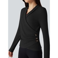 Halara Ribbed Knit V-neck Crossover Long Sleeve Work Top - Black - XL