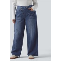 Halara Halara Flex™ Asymmetric High Waisted Washed Casual Baggy Plus Size Jeans with Pockets - Estate Blue Denim - 3X(regular)