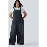 Halara Plus Size Halara Flex™ Square Neck Washed Denim Casual Dungarees with Pockets - Mottled Dark Blue Denim - 3X(regular)
