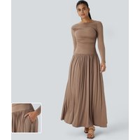 Halara Ribbed Boat Neck Long Sleeve Ruched Side Pocket Flowy Maxi Casual Dress - Beaver Fur - XL