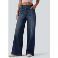Halara Halara Flex™ Asymmetric Mid Rise Wide Leg Casual Jeans with Pockets - Paint Blue Denim - XL(petite)