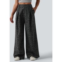 Halara Mid Rise Wide Leg Leopard Print Casual Trousers with Pockets - Granite Panther - XL(petite)