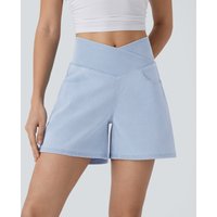 Halara Halara Flex™ Crossover High Waisted Pockets Wide Leg A Line Washed Denim Casual Shorts - Washed Denim Sunny Blue - XL(regular)