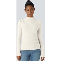 Halara Funnel Neck Long Sleeve Ruched Skinny Thermal Casual Top - Lily White - XL