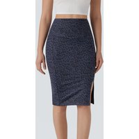 Halara High Waisted Tummy Control Butt Lifting Midi Leopard Print Casual Shapewear Skirt - Navy Blue Leopard Print - XL(regular)