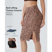 Halara High Waisted Tummy Control Butt Lifting Midi Leopard Print Casual Shapewear Skirt - Dark Brown Leopard Print - XL(regular)
