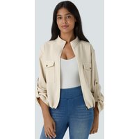 Halara Stand Collar Roll Tab Sleeve Flap Pocket Inside Drawstring Hem Zip Casual Jacket - Arctic Wolf - XL