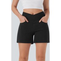 Halara Halara Flex™ Crossover High Waisted Pockets Wide Leg A Line Washed Denim Casual Shorts - Meteorite Black Denim - XL(regular)