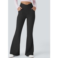 Halara Ribbed Knit Crossover High Waisted Pocket Casual Flare Trousers - Black - XL(petite)