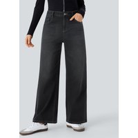 Halara Halara Flex™ Low Rise Zipper Pockets Washed Baggy Wide Leg Casual Jeans - Dirty Black Denim - XL(petite)