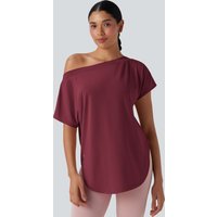 Halara One Shoulder Short Sleeve Curved Hem High Low Quick Dry Yoga Sports Top - Tibetan Red - XL