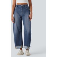 Halara Halara Flex™ Mid Rise Barrel Leg Washed Casual Jeans with Pockets - Estate Blue Denim - XL(regular)