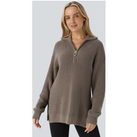 Halara Funnel Neck Half Zip Long Sleeve Casual Jumper - Desert Taupe - XL