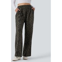 Halara High Waisted Leopard Print Corduroy Casual Baggy Trousers with Pockets - Olive Leopard - XL(regular)
