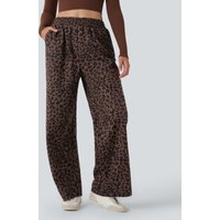 Halara High Waisted Leopard Print Corduroy Casual Baggy Trousers with Pockets - Black Coffee Leopard Print - XL(regular)