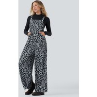 Halara Leopard Print Waffle Casual Dungarees with Pockets - Frosted Panther - XL(regular)