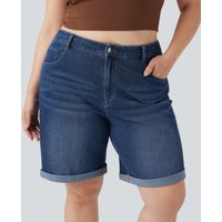 Halara Halara Flex™ High Waisted Multiple Pockets Rolled Hem Washed Stretchy Knit Denim Casual Plus Size Bermuda Shorts - Inkling Blue Denim - 3X(regular)