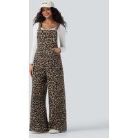 Halara Square Neck Leopard Print Teddy Casual Baggy Dungarees with Pockets - Black Coffee Leopard Print - XL(regular)
