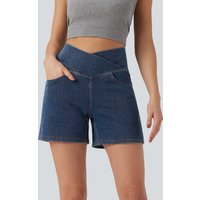 Halara Halara Flex™ Crossover High Waisted Pockets Wide Leg A Line Washed Denim Casual Shorts - Estate Blue Denim - S(regular)
