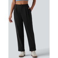 Halara Mid Rise Pleated Rolled Hem 7/8 Stretchy Poplin Casual Tapered Trousers with Pockets - Black - S(regular)