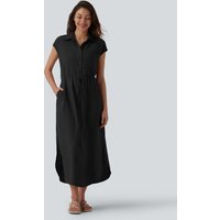 Halara Collar Cap Sleeve Belted Curved Split Hem Midi Casual Shirt Dress with Pockets - Black - XL