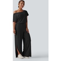 Halara One-shoulder Short Sleeve Split Hem Casual Jumpsuit with Pockets-Easy Peezy - Black - S(tall)