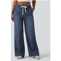 Halara Mid Rise Drawstring Casual Jeans with Pockets - Estate Blue Denim - XL(petite)