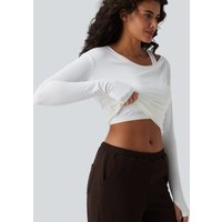 Halara Built-in Bra One Shoulder Long Sleeve Thumb Hole Ruched InstantCool Workout Top-UPF50+ - White - XL