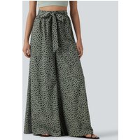 Halara High Waisted Tie Front Wide Leg Leopard Print Casual Trousers with Pockets - Agave Green - XL(regular)